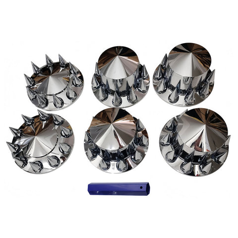 New Chrome Axle Cover Kit with Spiked 33mm Thread - On Nut Covers – Fits 22.5", 24.5" Semi Truck Wheels P250524 - with | Sold by Uncle Wiener's Wholesale
