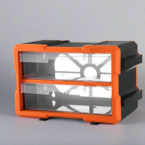 Clear drawer plastic tool box organizer with orange frame
Stackable parts storage bin for screws and fittings
Modular tool organizer with clear drawers and secure latch
Craft and DIY parts storage bin with removable dividers
Connectable plastic drawer organizer for hardware and beads