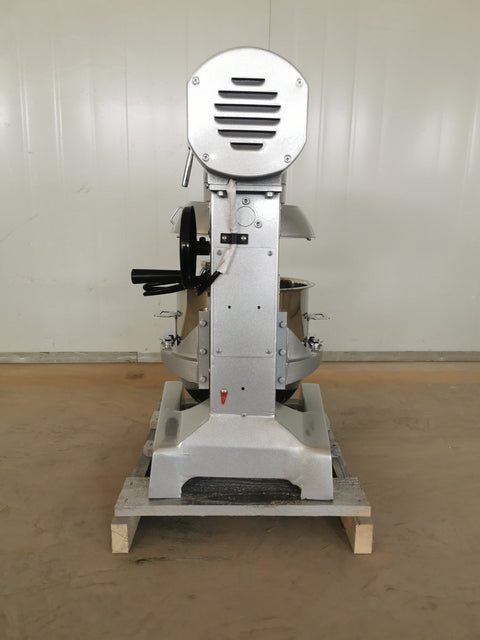 15 QT commercial dough mixer on stainless steel counter
Stainless steel mixing bowl with guard closed
Front view of food-grade commercial mixer with attachments
Dough hook installed on industrial kitchen mixer