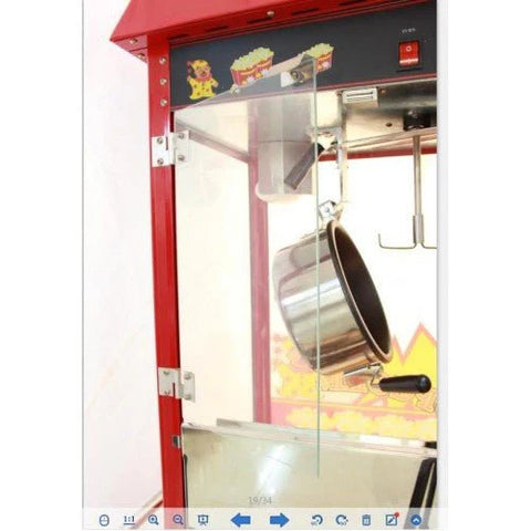 Red 8oz Commercial Popcorn Cart – Front Angle
Stainless Steel Kettle Inside Popcorn Cart – Close-Up
Popcorn Machine Glass Enclosure – Side View
Popcorn Maker with Storage Cart – Event Setup