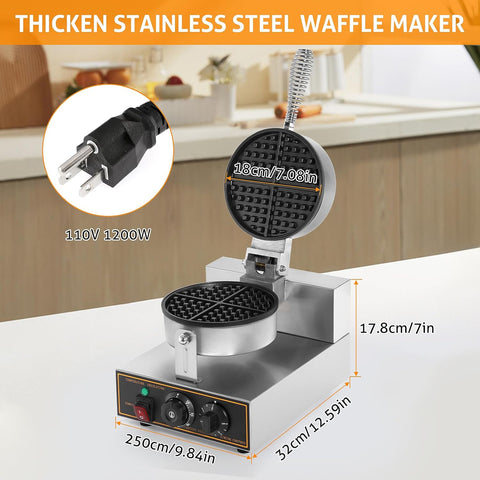 Commercial stainless steel waffle maker with temperature controls
Close-up of waffle iron non-stick cooking plate
Waffle maker showing adjustable timer and knob
Fresh waffles on commercial waffle iron
Stainless steel body with heat-resistant handle