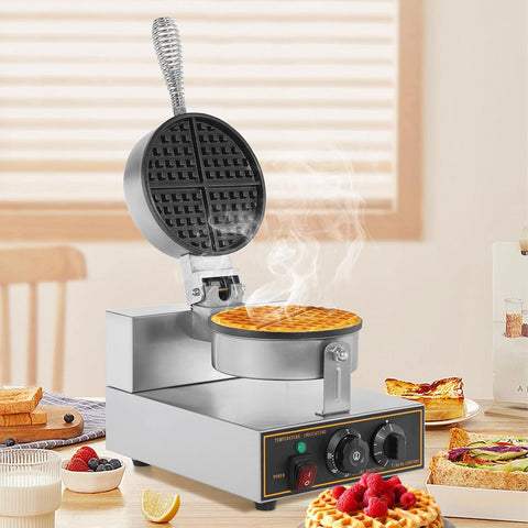 Commercial stainless steel waffle maker with temperature controls
Close-up of waffle iron non-stick cooking plate
Waffle maker showing adjustable timer and knob
Fresh waffles on commercial waffle iron
Stainless steel body with heat-resistant handle