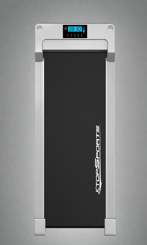 Compact treadmill side profile on white background
Folded treadmill vertical storage view
Slim treadmill for small spaces
LCD display on JC390 treadmill
Home use compact treadmill on floor