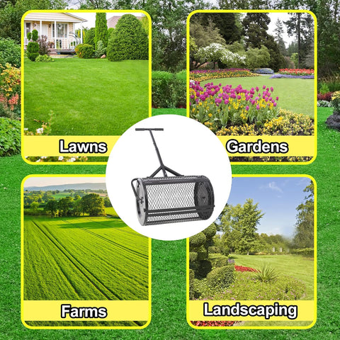 Heavy-duty compost and peat moss lawn spreader with rolling mesh drum
Topdressing broadcast roller for garden and turf care
24-inch steel mesh drum lawn spreader with double latch
Lawn care tool for compost, manure, and peat moss spreading