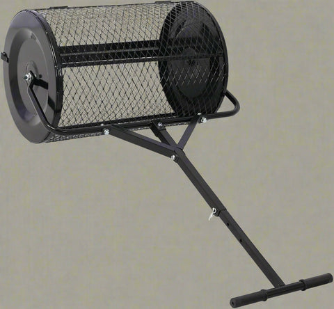 Heavy-duty compost and peat moss lawn spreader with rolling mesh drum
Topdressing broadcast roller for garden and turf care
24-inch steel mesh drum lawn spreader with double latch
Lawn care tool for compost, manure, and peat moss spreading