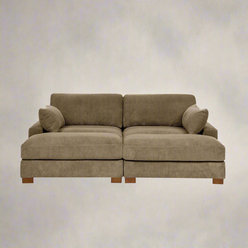 Oversized modular corduroy sofa with ottoman
Gray corduroy sectional sofa
Cream corduroy sofa with plush seating
Custom living room layout with ottoman
Deep seat cozy couch with corduroy fabric