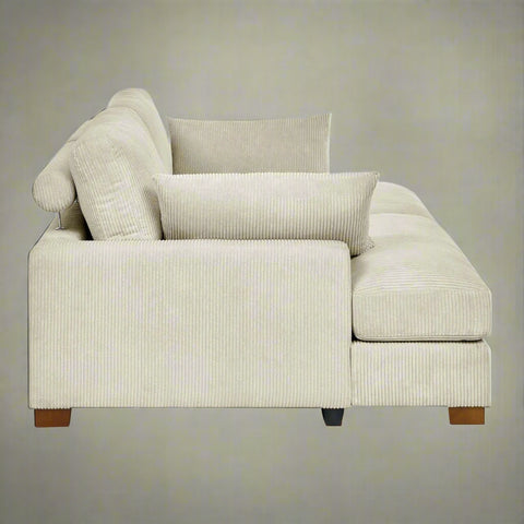 Oversized modular corduroy sofa with ottoman
Gray corduroy sectional sofa
Cream corduroy sofa with plush seating
Custom living room layout with ottoman
Deep seat cozy couch with corduroy fabric