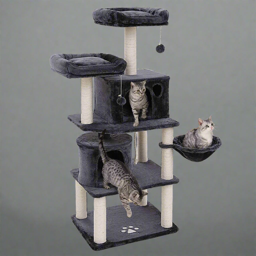 "Deluxe 60 in Multi-Level Cat Tree with Scratching Posts CT002DG"
"Gray Multi-Level Cat Tower with Hideaways and Scratching Posts"
"Durable Cat Playhouse with Soft Fabric and Sisal Posts"