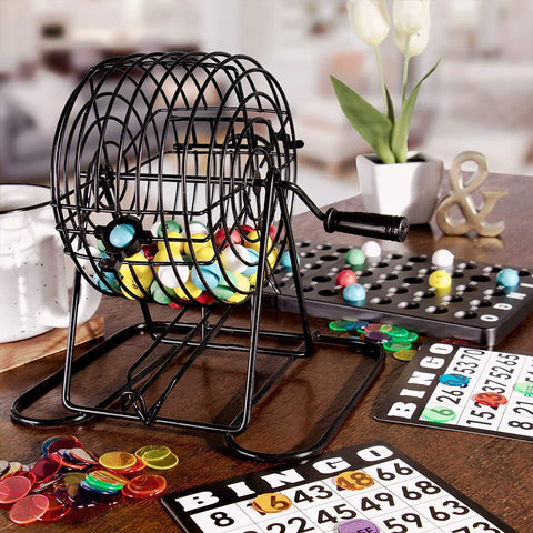 New Deluxe Bingo Game Set with Cage, 75 Colored Balls & 18 Reusable Cards | SKU: YUSNHR - with | Sold by Uncle Wiener's Wholesale