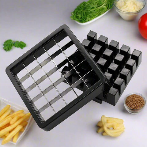 Stainless steel French fry cutter with 2 blades model 431012
Heavy-duty fry cutter with suction base and lever handle
Restaurant-quality potato slicer with thick and thin cut blades