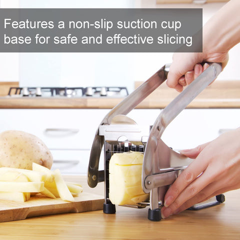 Stainless steel French fry cutter with 2 blades model 431012
Heavy-duty fry cutter with suction base and lever handle
Restaurant-quality potato slicer with thick and thin cut blades