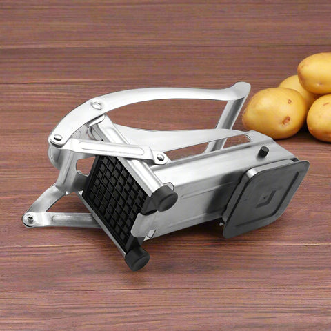 Stainless steel French fry cutter with 2 blades model 431012
Heavy-duty fry cutter with suction base and lever handle
Restaurant-quality potato slicer with thick and thin cut blades