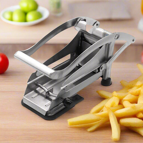 Stainless steel French fry cutter with 2 blades model 431012
Heavy-duty fry cutter with suction base and lever handle
Restaurant-quality potato slicer with thick and thin cut blades