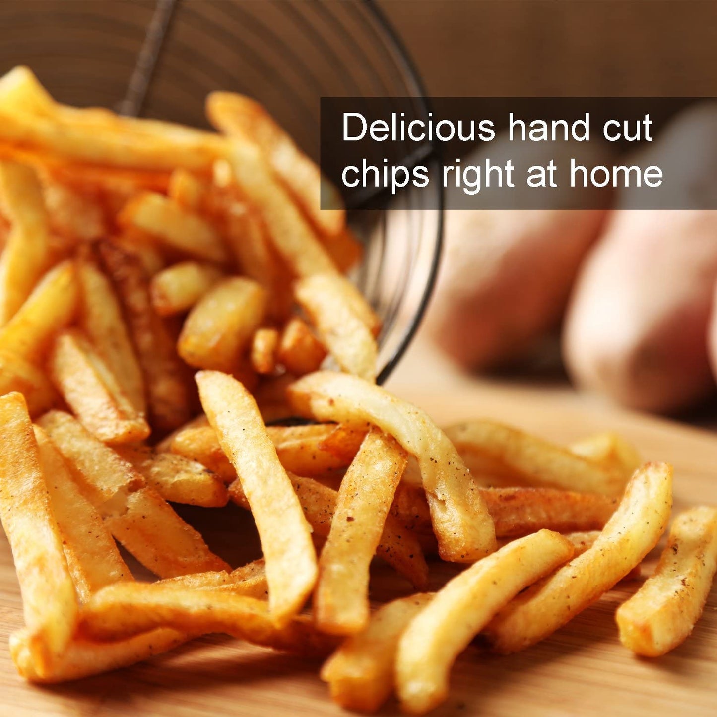 Stainless steel French fry cutter with 2 blades model 431012
Heavy-duty fry cutter with suction base and lever handle
Restaurant-quality potato slicer with thick and thin cut blades