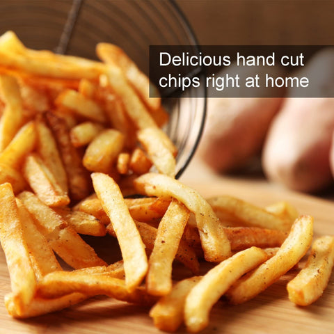 Stainless steel French fry cutter with 2 blades model 431012
Heavy-duty fry cutter with suction base and lever handle
Restaurant-quality potato slicer with thick and thin cut blades