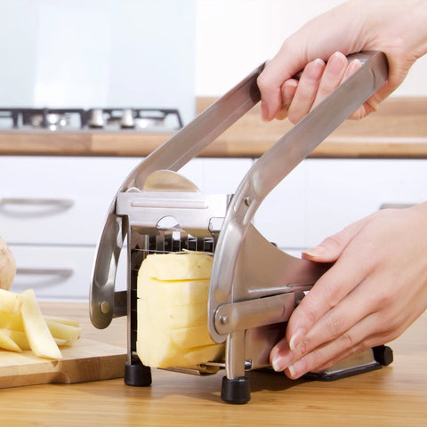 Stainless steel French fry cutter with 2 blades model 431012
Heavy-duty fry cutter with suction base and lever handle
Restaurant-quality potato slicer with thick and thin cut blades