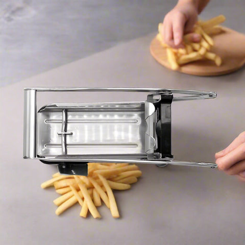 Stainless steel French fry cutter with 2 blades model 431012
Heavy-duty fry cutter with suction base and lever handle
Restaurant-quality potato slicer with thick and thin cut blades