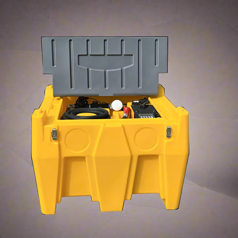 500L yellow diesel fuel tank with lockable cap and hose
Fuel transfer tank with 12V pump and nozzle
Portable polyethylene diesel tank for industrial use
Yellow fuel tank with transfer system and fittings