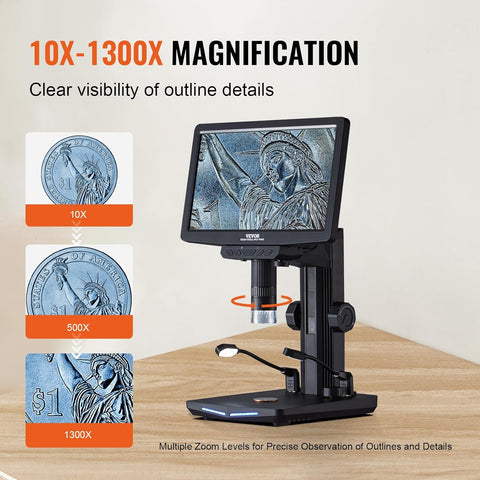 Digital Microscope with 10.1-inch HD IPS screen and adjustable stand
1300X magnification digital microscope showing coin detail
HD microscope connected to laptop via USB
Digital microscope for circuit board inspection
Microscope accessories including remote control and SD card