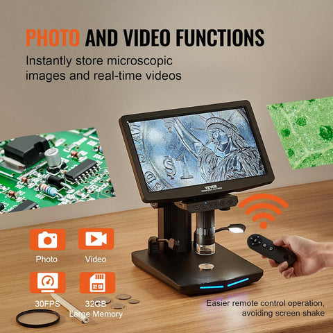 Digital Microscope with 10.1-inch HD IPS screen and adjustable stand
1300X magnification digital microscope showing coin detail
HD microscope connected to laptop via USB
Digital microscope for circuit board inspection
Microscope accessories including remote control and SD card