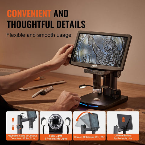 Digital Microscope with 10.1-inch HD IPS screen and adjustable stand
1300X magnification digital microscope showing coin detail
HD microscope connected to laptop via USB
Digital microscope for circuit board inspection
Microscope accessories including remote control and SD card