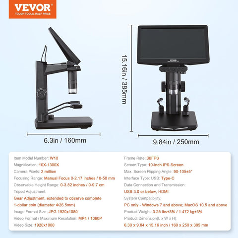 Digital Microscope with 10.1-inch HD IPS screen and adjustable stand
1300X magnification digital microscope showing coin detail
HD microscope connected to laptop via USB
Digital microscope for circuit board inspection
Microscope accessories including remote control and SD card