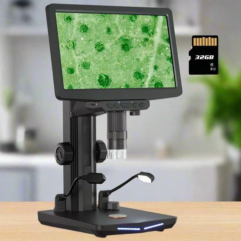 Digital Microscope with 10.1-inch HD IPS screen and adjustable stand
1300X magnification digital microscope showing coin detail
HD microscope connected to laptop via USB
Digital microscope for circuit board inspection
Microscope accessories including remote control and SD card