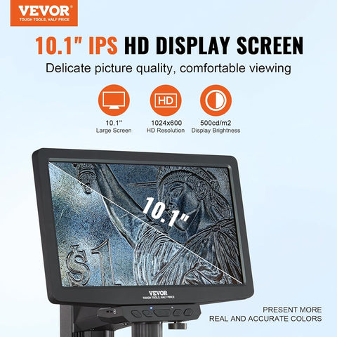 Digital Microscope with 10.1-inch HD IPS screen and adjustable stand
1300X magnification digital microscope showing coin detail
HD microscope connected to laptop via USB
Digital microscope for circuit board inspection
Microscope accessories including remote control and SD card