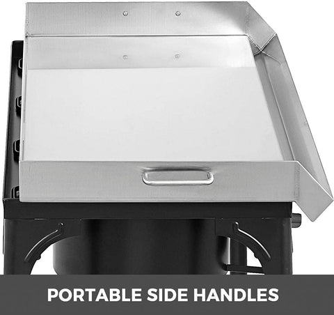 Double burner flat top propane griddle with folding legs
Stainless steel outdoor grill for camping and BBQ
Side view of portable propane camp stove with handles
32x17 inch flat top grill cooking surface
