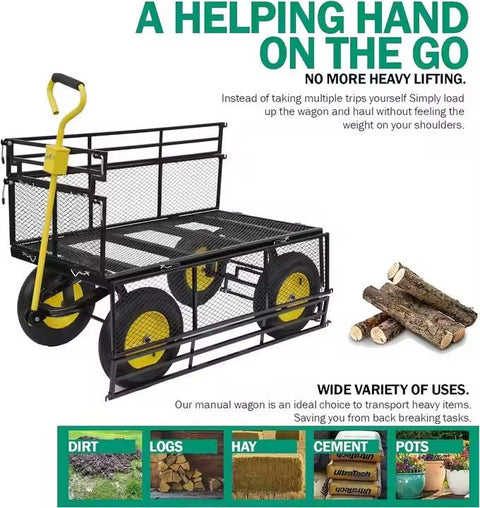 Double-layered heavy-duty folding garden cart with 15-inch tires
1100 lb capacity utility cart with removable side panels
Folding steel garden cart for landscaping and warehouse use
Rugged off-road yard cart with 180-degree rotating handle