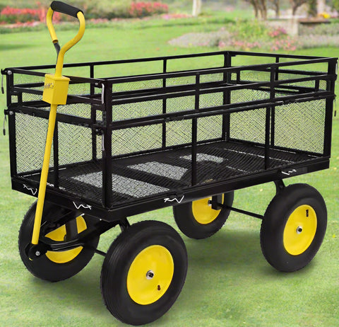 Double-layered heavy-duty folding garden cart with 15-inch tires
1100 lb capacity utility cart with removable side panels
Folding steel garden cart for landscaping and warehouse use
Rugged off-road yard cart with 180-degree rotating handle