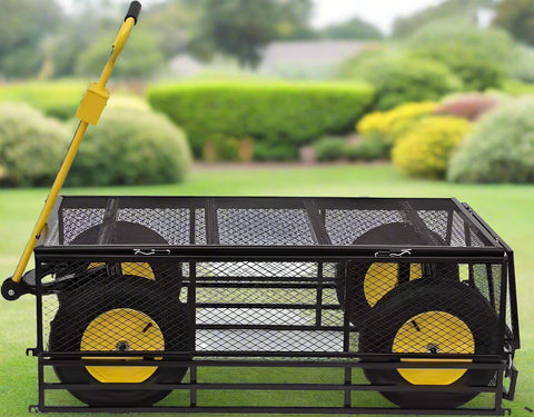 Double-layered heavy-duty folding garden cart with 15-inch tires
1100 lb capacity utility cart with removable side panels
Folding steel garden cart for landscaping and warehouse use
Rugged off-road yard cart with 180-degree rotating handle