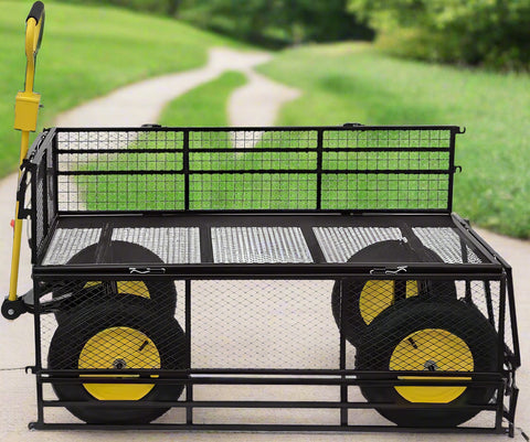 Double-layered heavy-duty folding garden cart with 15-inch tires
1100 lb capacity utility cart with removable side panels
Folding steel garden cart for landscaping and warehouse use
Rugged off-road yard cart with 180-degree rotating handle