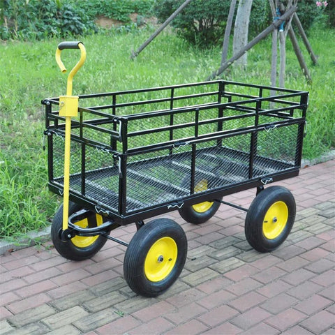 Double-layered heavy-duty folding garden cart with 15-inch tires
1100 lb capacity utility cart with removable side panels
Folding steel garden cart for landscaping and warehouse use
Rugged off-road yard cart with 180-degree rotating handle