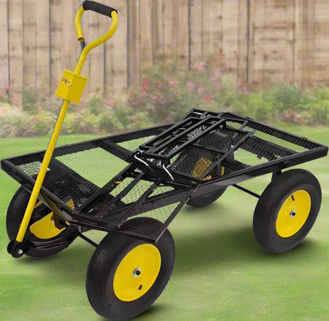 Double-layered heavy-duty folding garden cart with 15-inch tires
1100 lb capacity utility cart with removable side panels
Folding steel garden cart for landscaping and warehouse use
Rugged off-road yard cart with 180-degree rotating handle