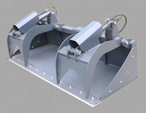 Dual cylinder scrap grapple for skid steer
Heavy-duty skid steer attachment with open side design
Top view of 85" grapple bucket with reinforced build
Grapple arms closed over large debris