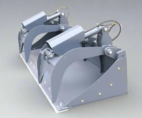 Dual cylinder scrap grapple for skid steer
Heavy-duty skid steer attachment with open side design
Top view of 85" grapple bucket with reinforced build
Grapple arms closed over large debris