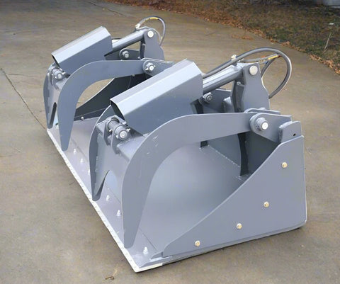 Dual cylinder scrap grapple for skid steer
Heavy-duty skid steer attachment with open side design
Top view of 85" grapple bucket with reinforced build
Grapple arms closed over large debris