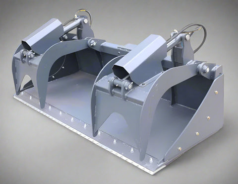 Dual cylinder scrap grapple for skid steer
Heavy-duty skid steer attachment with open side design
Top view of 85" grapple bucket with reinforced build
Grapple arms closed over large debris