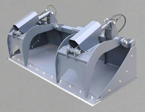 Dual cylinder scrap grapple for skid steer
Heavy-duty skid steer attachment with open side design
Top view of 85" grapple bucket with reinforced build
Grapple arms closed over large debris