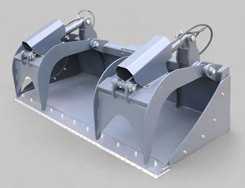 Dual cylinder scrap grapple for skid steer
Heavy-duty skid steer attachment with open side design
Top view of 85" grapple bucket with reinforced build
Grapple arms closed over large debris