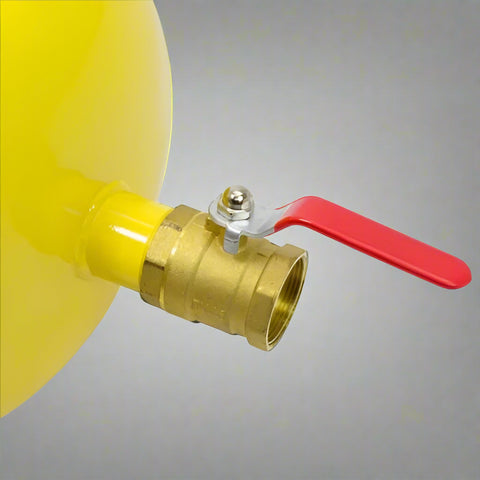 Dual-purpose 5-gallon bead blaster and air tank with 145 PSI capacity
Yellow tire bead seater air tank with pressure relief valve and gauge
Model S1237 bead blaster shown with quick-release ball valve