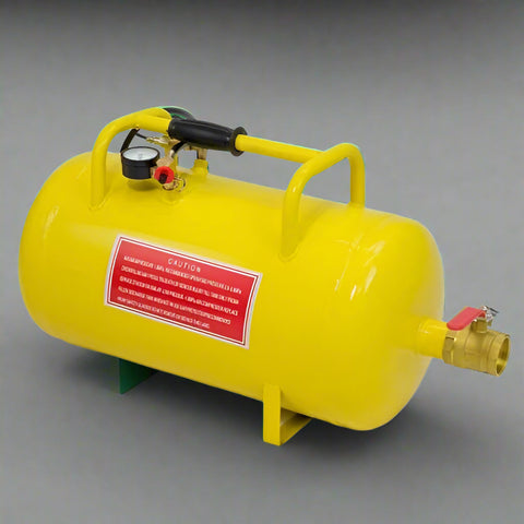 Dual-purpose 5-gallon bead blaster and air tank with 145 PSI capacity
Yellow tire bead seater air tank with pressure relief valve and gauge
Model S1237 bead blaster shown with quick-release ball valve