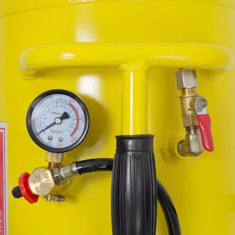 Dual-purpose 5-gallon bead blaster and air tank with 145 PSI capacity
Yellow tire bead seater air tank with pressure relief valve and gauge
Model S1237 bead blaster shown with quick-release ball valve
