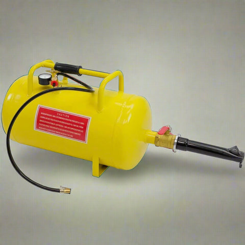 Dual-purpose 5-gallon bead blaster and air tank with 145 PSI capacity
Yellow tire bead seater air tank with pressure relief valve and gauge
Model S1237 bead blaster shown with quick-release ball valve