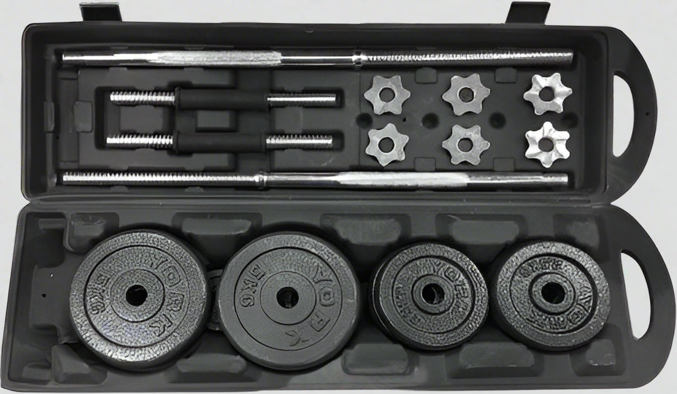 110 lb adjustable dumbbell and barbell set with plastic storage box
Spinlock dumbbell and barbell kit for home gym strength training
Full dumbbell and barbell setup with weight plates and connector bar
Home gym weight set with interchangeable dumbbell and barbell configuration