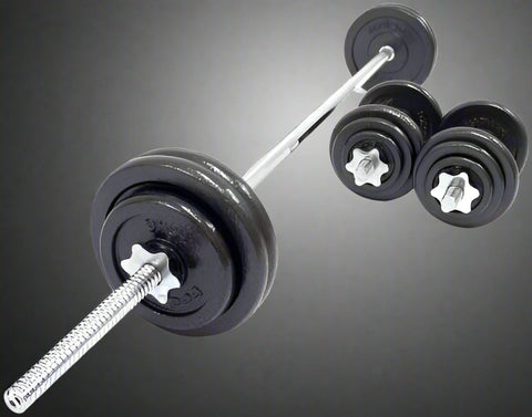 110 lb adjustable dumbbell and barbell set with plastic storage box
Spinlock dumbbell and barbell kit for home gym strength training
Full dumbbell and barbell setup with weight plates and connector bar
Home gym weight set with interchangeable dumbbell and barbell configuration
