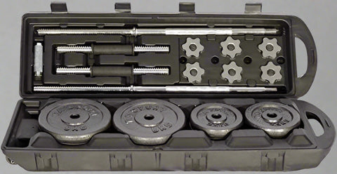 110 lb adjustable dumbbell and barbell set with plastic storage box
Spinlock dumbbell and barbell kit for home gym strength training
Full dumbbell and barbell setup with weight plates and connector bar
Home gym weight set with interchangeable dumbbell and barbell configuration