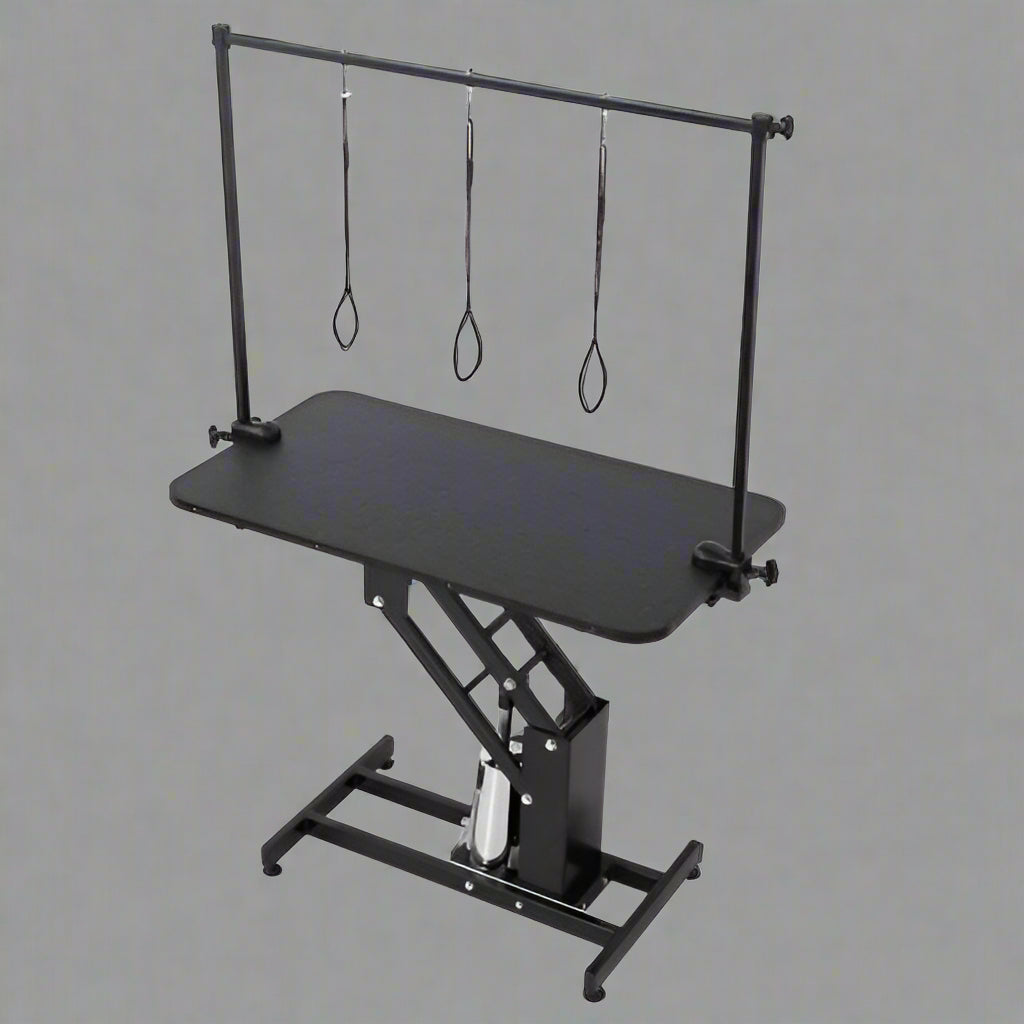 Electric Hydraulic Pet Grooming Table with Dog – Front View
Grooming Table with Adjustable Arm and Dog – Side View
Electric Lift Pet Grooming Table – Rear View
Heavy-Duty Grooming Station – Adjustable Height Display