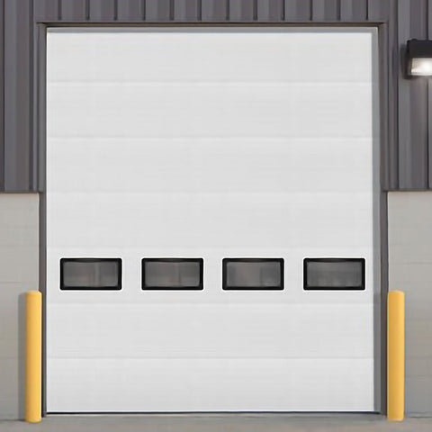 White insulated electric overhead garage door installed in shop
Heavy-duty motorized overhead garage door with steel frame
Electric garage door kit with insulation for industrial buildings
Overhead sectional garage door installed on warehouse